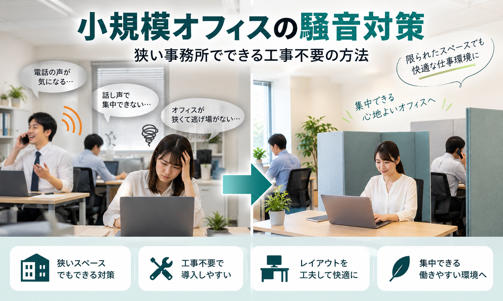 小規模オフィスの騒音対策｜狭い事務所でできる工事不要の吸音・パーテーション対策